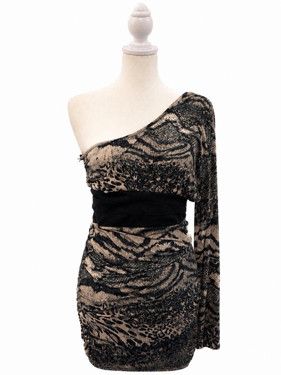 Seductions Dresses & Skirts - One-Shoulder Animal Print Mini Dress in Beige and Black